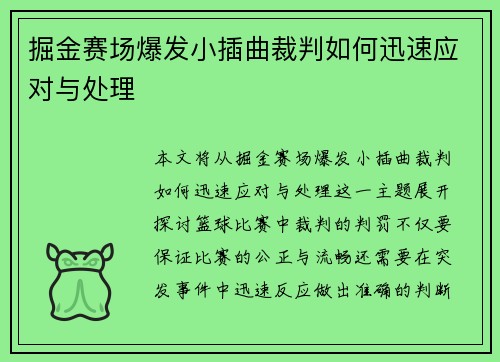 掘金赛场爆发小插曲裁判如何迅速应对与处理