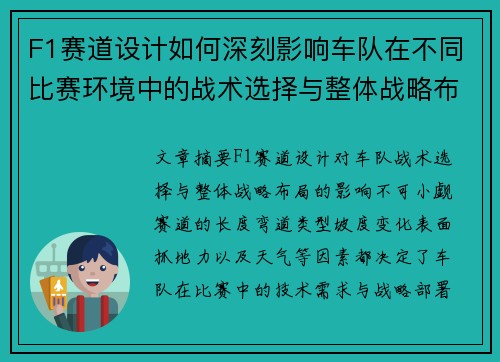 F1赛道设计如何深刻影响车队在不同比赛环境中的战术选择与整体战略布局 F1赛道设计如何深刻影响车队在不同比赛环境中的战术选择与整体战略布局
