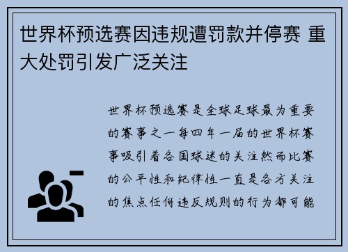 世界杯预选赛因违规遭罚款并停赛 重大处罚引发广泛关注