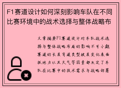 F1赛道设计如何深刻影响车队在不同比赛环境中的战术选择与整体战略布局